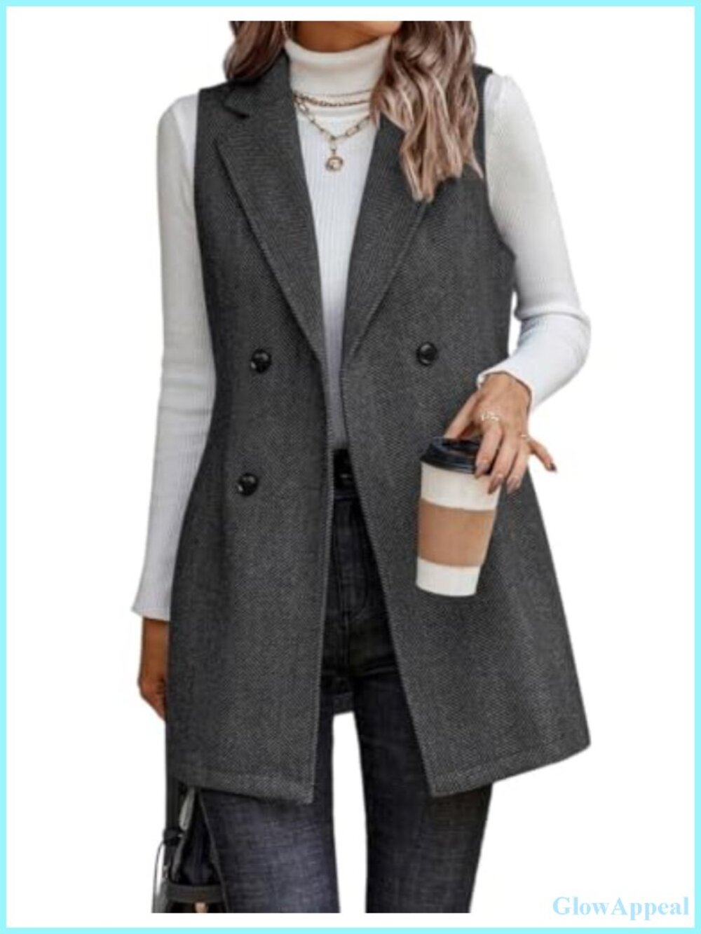 Sleeveless Tweed Blazer Vest Long Cardigan Outerwear Business Casual